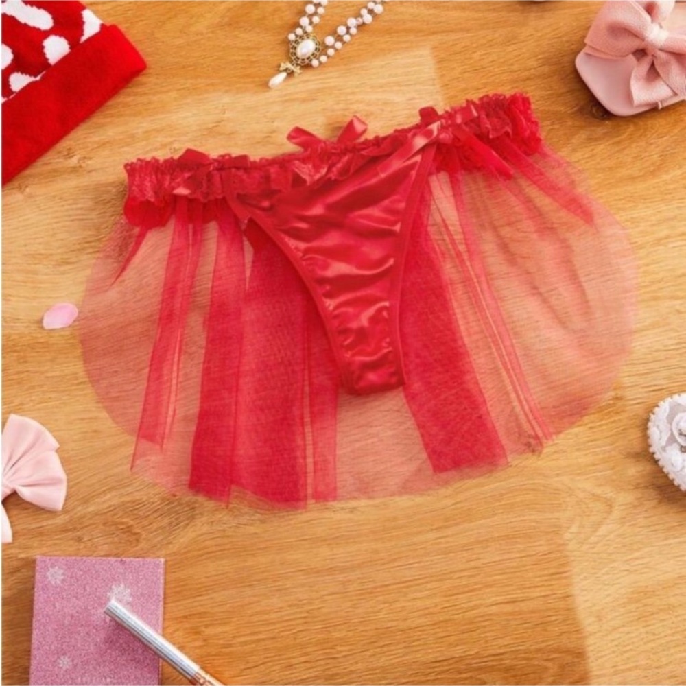 Red Sheer Mesh Bridal Veil Skirted Panty